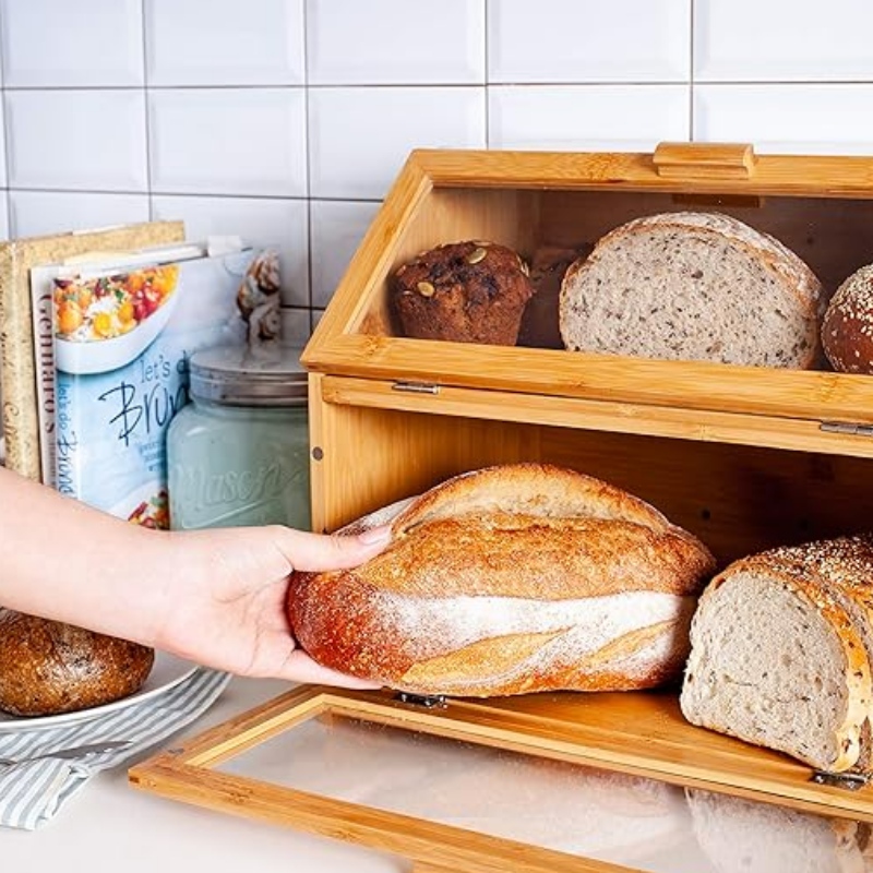 Bamboo Bread Box For Counter Kitchen - Αποθήκευση ψωμιού διπλού στρώματος με καθαρά παράθυρα - ρουστίκ αγρόκτημα στυλ ψωμί ψωμιού