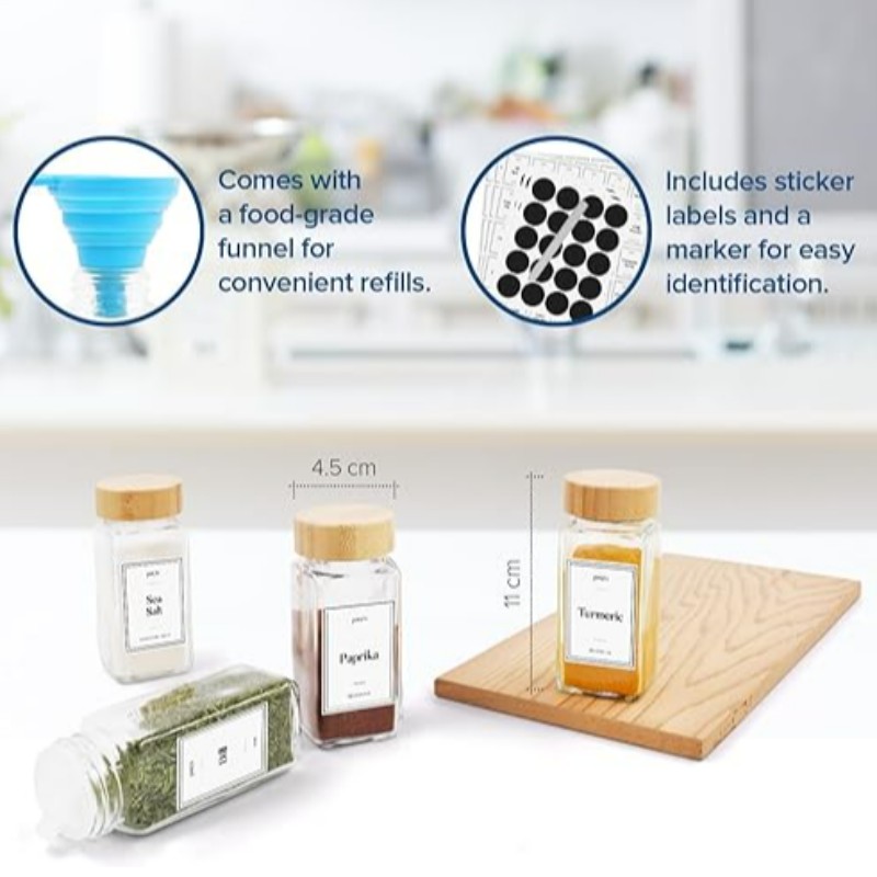 Βάζα Spice με καπάκια και ετικέτες - 24 τεμάχια 120ml γυάλινα δοχεία σετ - μπαμπού καπάκι - Ultimate Kitchen Storage Solution για μπαχαρικά και βότανα