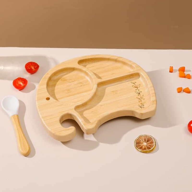 Bamboo Elephant Plate Bowl και κουτάλι για παιδιά παιδιών παιδιών παιδιών, παιδιά αναρρόφησης